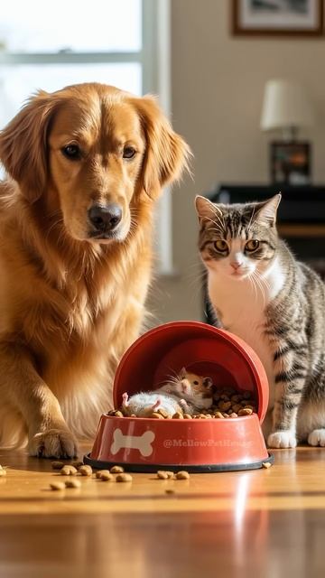 Breaking News： Hamster Hijacks Food Bowl! Dog & Cat in Shock… Plus a Bystander？! 🤣