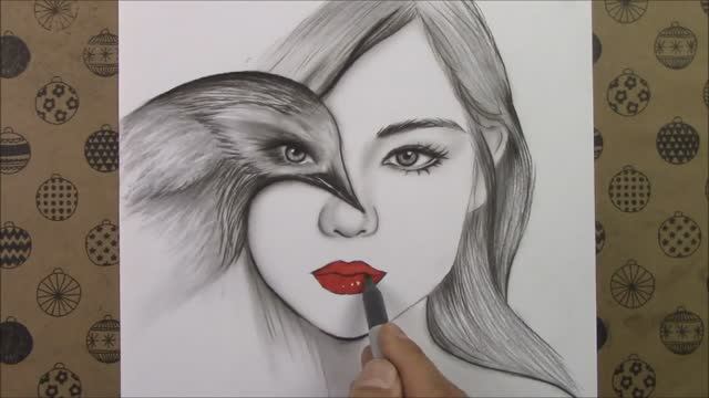 Как нарисовать птицу и женщину Пошаговый рисунок карандашом