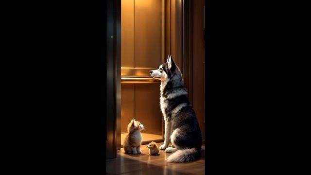 милая хаски возле лифта с друзьями 👀🚪🐶😺