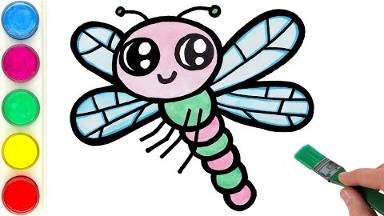 Рисуем милую стрекозу и раскрашиваем ее. Малышам и начинающим