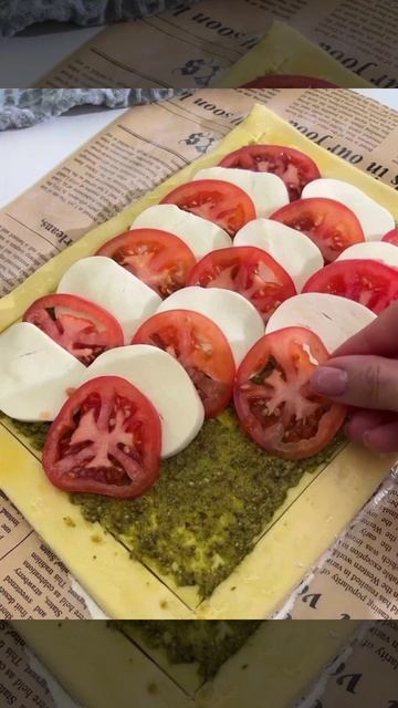 Тарт 🥧 из слоеного теста 🫓 с томатами 🍅 и соусом песто🧉