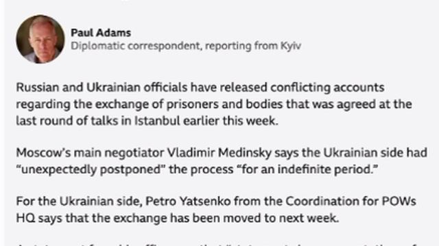 ‼️🇷🇺🇺🇦 Обмен пленными и телами между Россией и Украиной перенесен на следующую неделю — BBC
