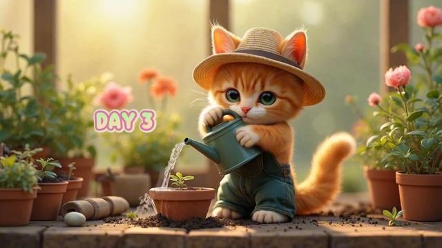 🌸A Day in Tiny Cat’s Greenhouse – Growing Beautiful Flowers!🌱🐱🌞