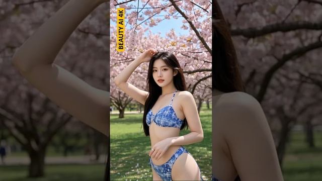 BEAUTY AI 4K.⭐️Beautiful model in bikini poses for photos in a blooming cherry blossom garden
