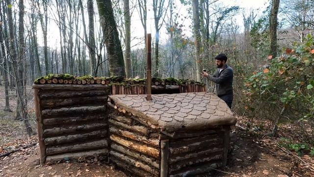 XAKAH  COZY Bushcraft LOG CABIN. Winter Camping