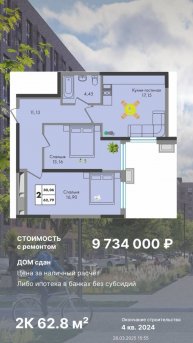 КП Зеленая территория Обзор Двухкомнатная квартира 62.8 м2 с ремонтом в Краснодаре