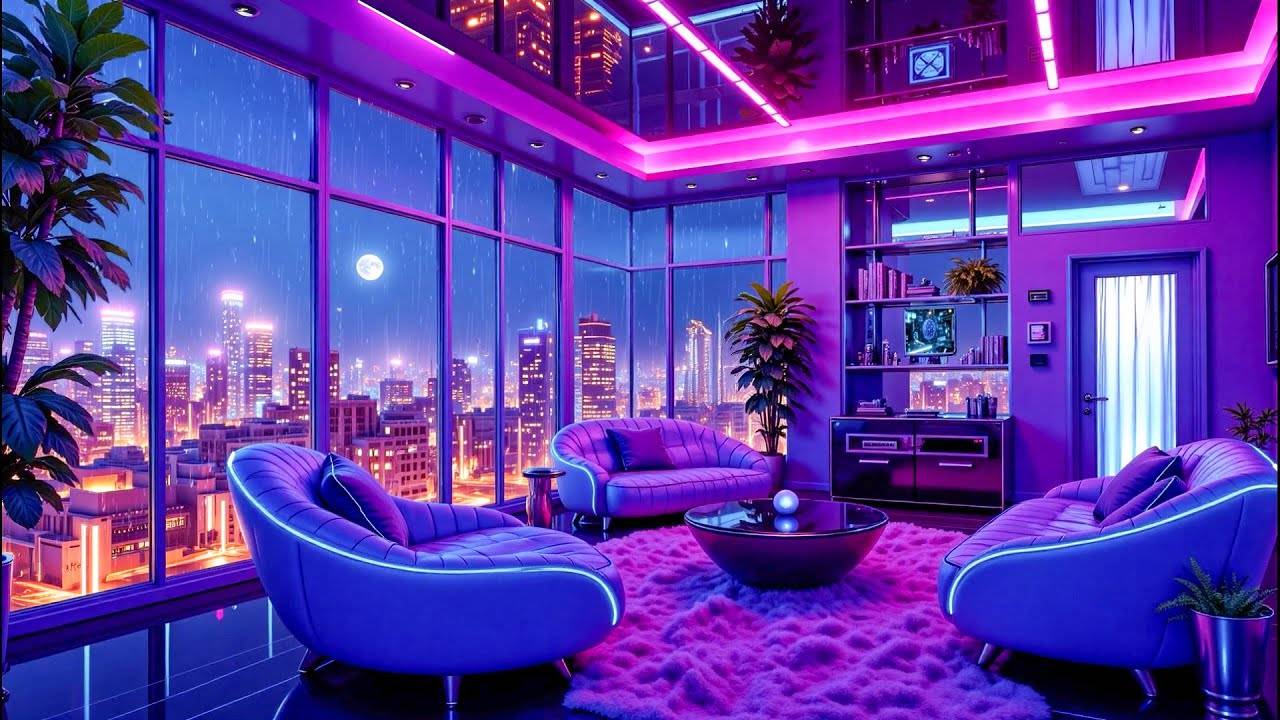 Relaxing Lofi Hip Hop Nights   Purple Blue Neon City Apartment 🌧️ Lofi Rain Playlist