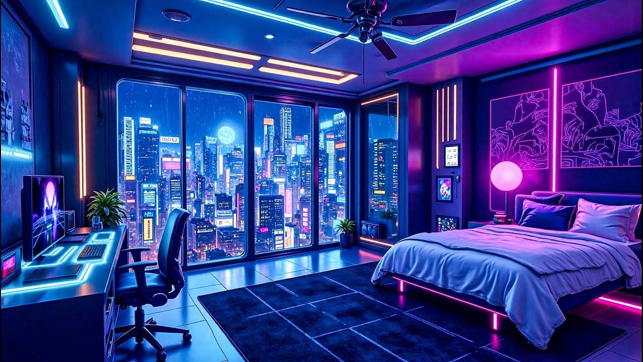 Lofi Hip Hop for Study & Sleep   Bedroom Ambience with City Rain & LED Lights 🌧️ Lofi Rain Playlist