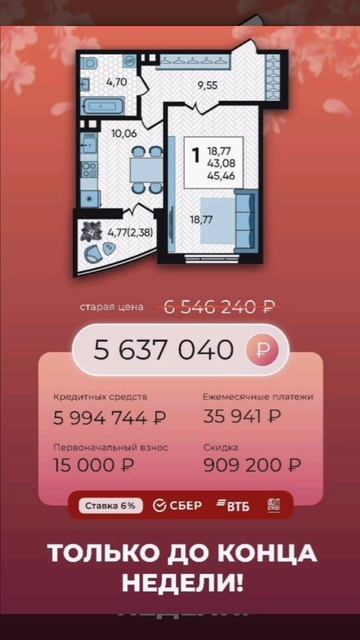 Топ планировок 1к.кв со скидкой 20%