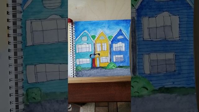 РАЗНОЦВЕТНЫЕ ДОМА. Акварель, цветные капиллярные ручки, формат 19 *19 см.