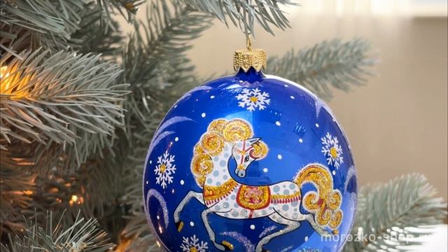 Ёлочный шар ЗОДИАК: КОНЬ В ЯБЛОКАХ, стекло, синий, 95 мм, С475-лош-3-син