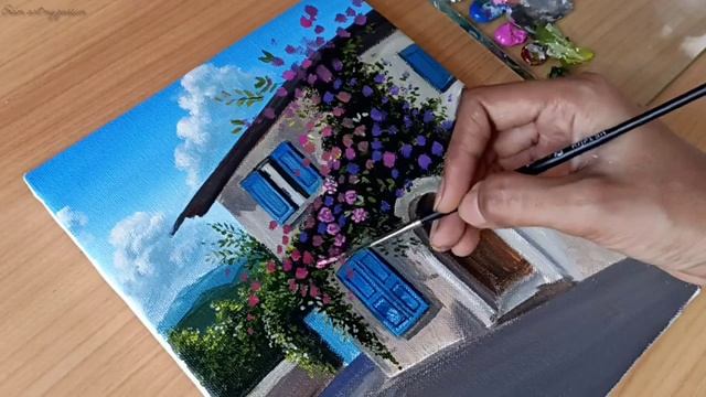 Как нарисовать дом с цветами акрилом