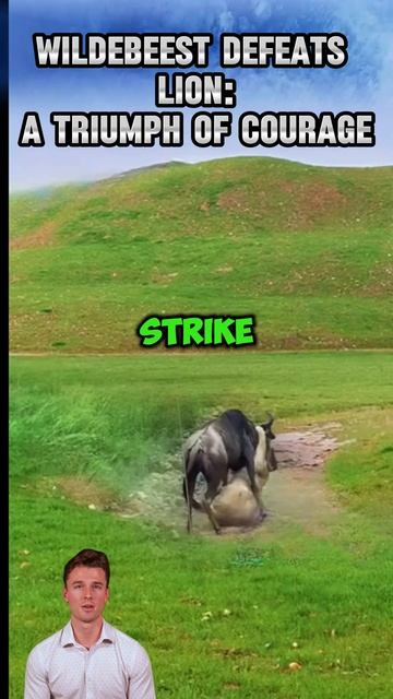 nsqXjMLwohU - Wildebeest Defeats Lion： A Triumph of Courage #shorts #animals #viral #lion #facts