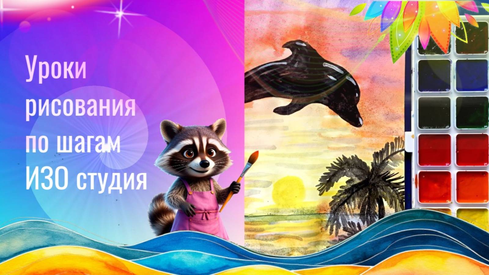 Дельфин на закате рисунок акварелью. Урок ИЗО по шагам.