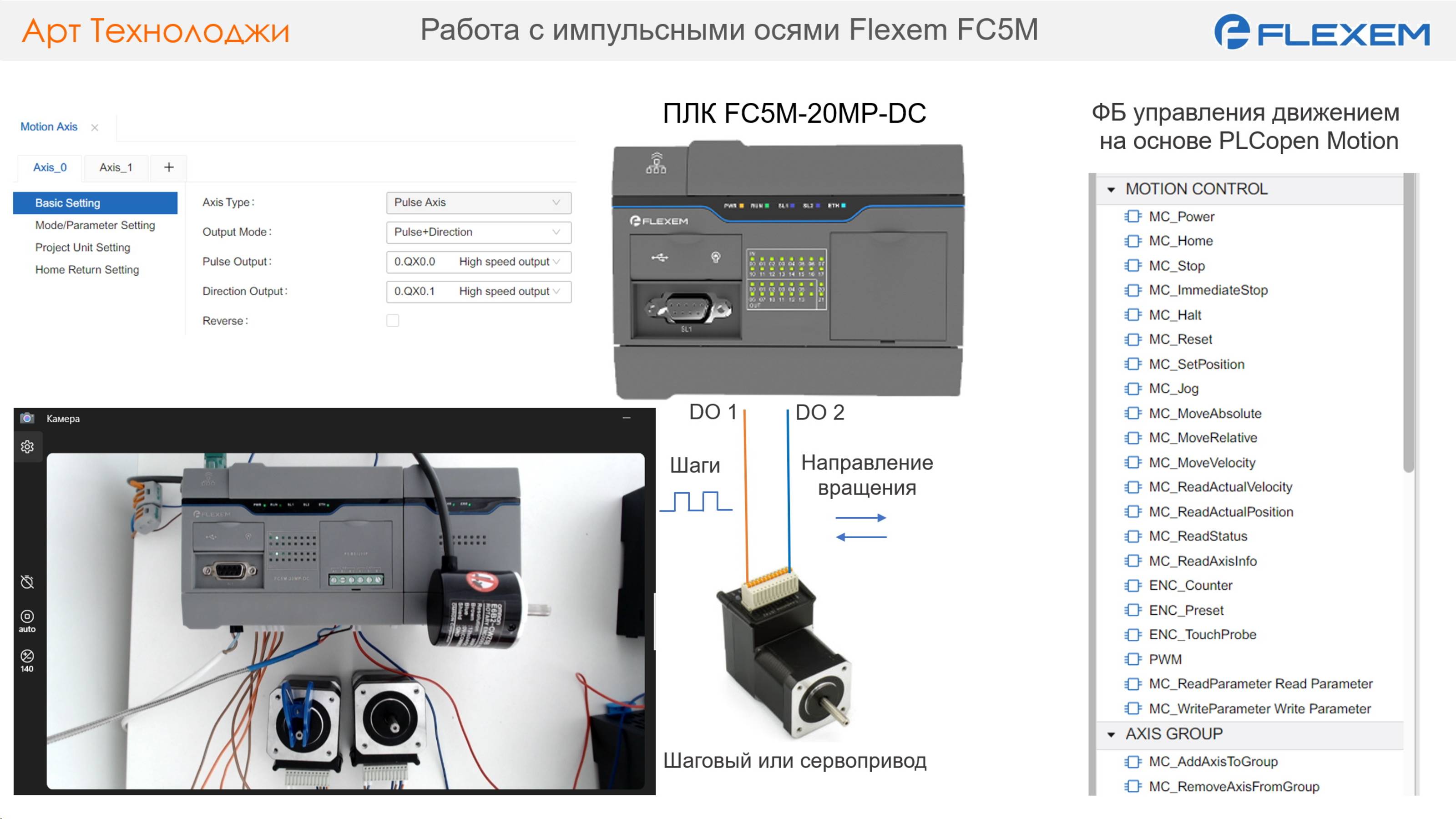 Работа с импульсными осями (режим PTO) ПЛК Flexem FC5M