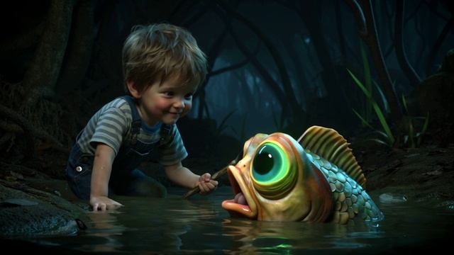 Ребёнок играет с рыбкой
