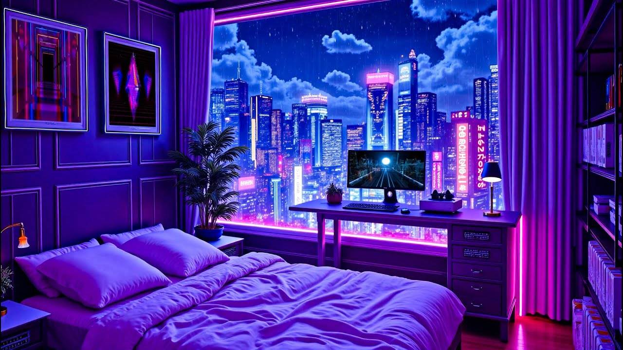 Cozy Bedroom Vibes   Lofi Hip Hop Ambience with Neon Glow & Chill Beats 🌧️ Lofi Rain Playlist