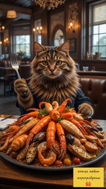 Котик ест морепродукты 🦀 #котик