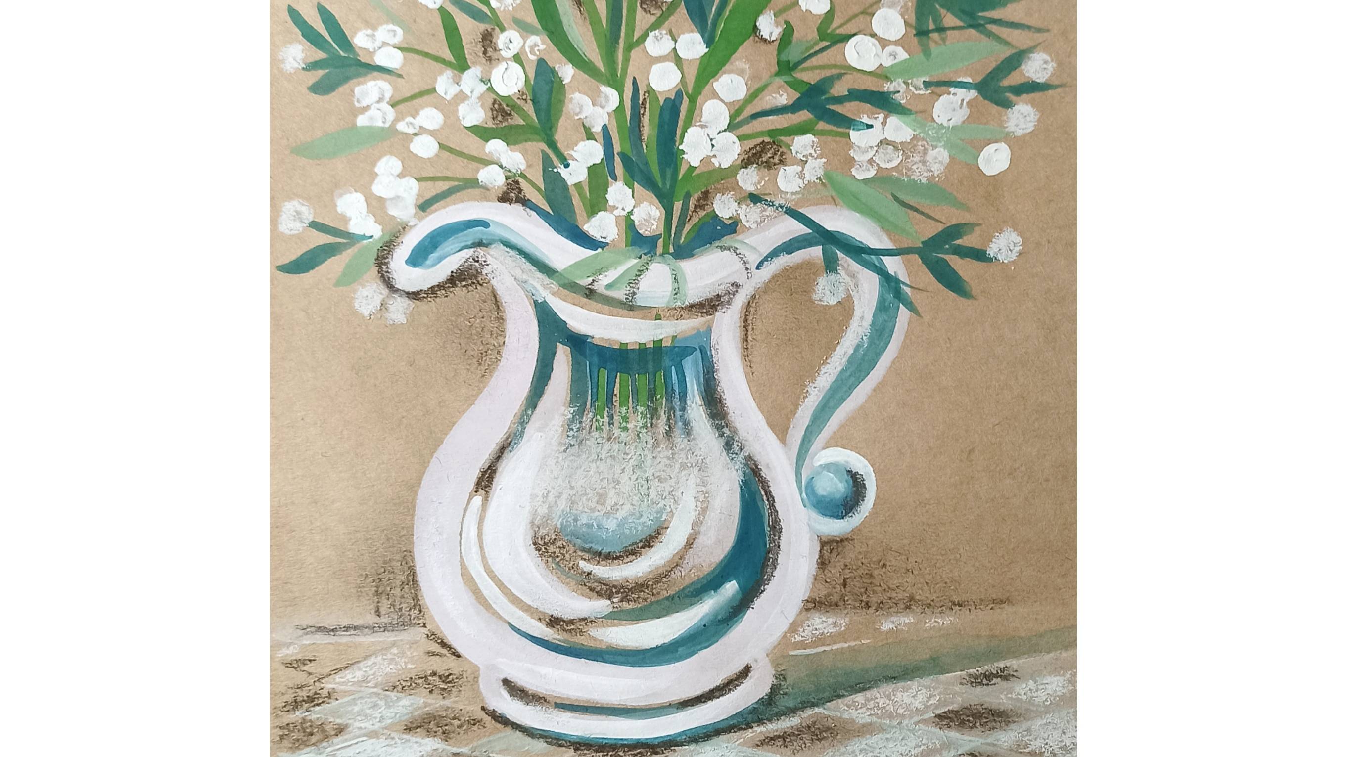 Букет в стеклянной вазе, нарисованный гуашью при помощи ватных палочек.