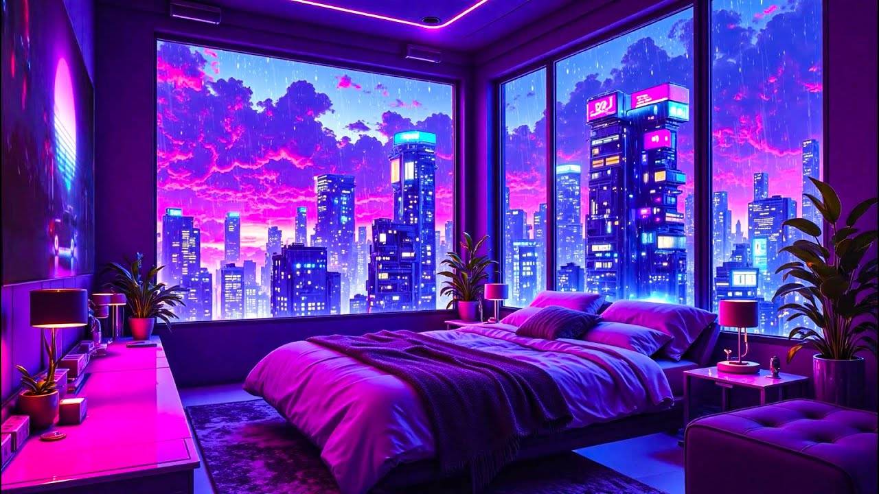 Study & Sleep with Lofi Hip Hop Rain Mix  Neon Bedroom View Over Rainy City 🌧️ Lofi Rain Playlist