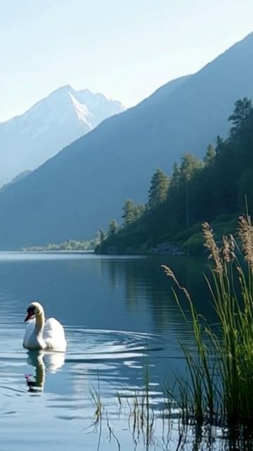 Лебеди на озере в горах.
