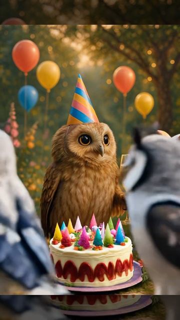 Cute owl Ollie's birthday with his friends