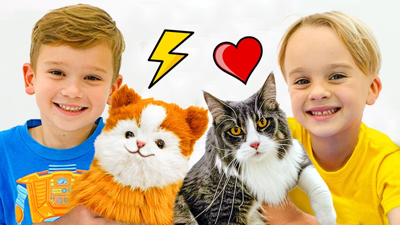 Влад и Ники. Дети хотят завести домашнее животное и играют с робокотом! Видео для детей.