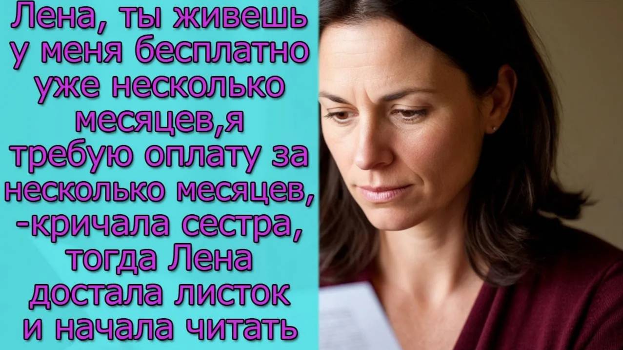 Лена, ты живешь у меня бесплатно несколько месяцев,- кричала сестра, тогда она достала листок и...