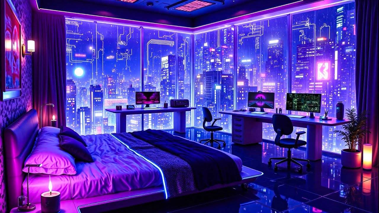 Study & Sleep Lofi Hip Hop Rain Mix  Neon Bedroom Ambience in Cyber City Night 🌧️Lofi Rain Playlist