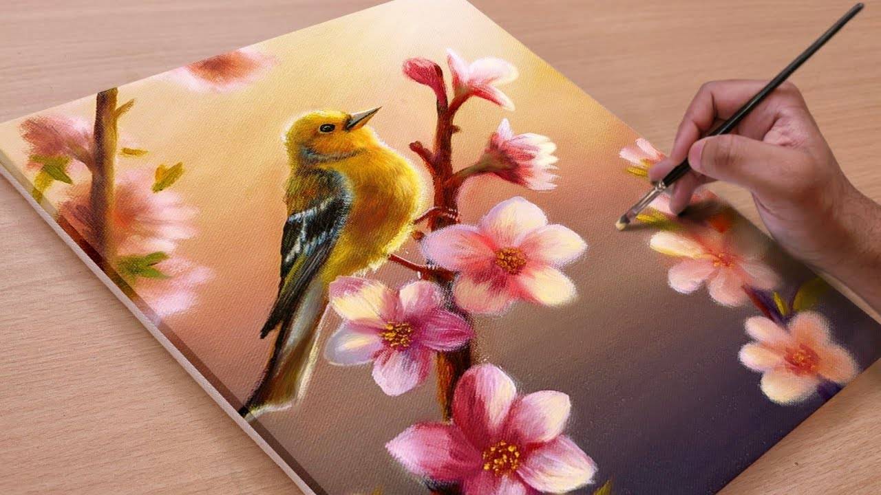 Рисуем красивый цветок с милой птичкой 🐦🐦/ Акриловая живопись / Художественная роспись