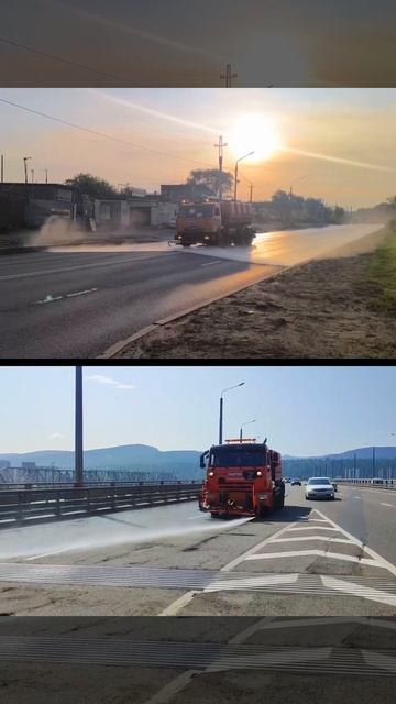 Красноярцам показали, как дорожники поливают асфальт в 30-градусную жару