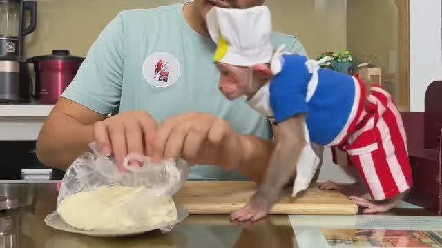 Обезьянка ШЕФ ПОВАР помогала готовить и кушать за общим столом Запила МОЛОКОМ трубочкой СМЕШНАЯ ДОБР