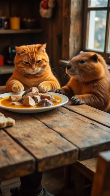 Сидим с бобром 🦫 за столом 🤣 #кот #бобёр 🦫