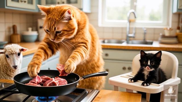 Мама-кошка идет за мясом, возвращается домой, чтобы приготовить вкусные тефтели из говядины для котя