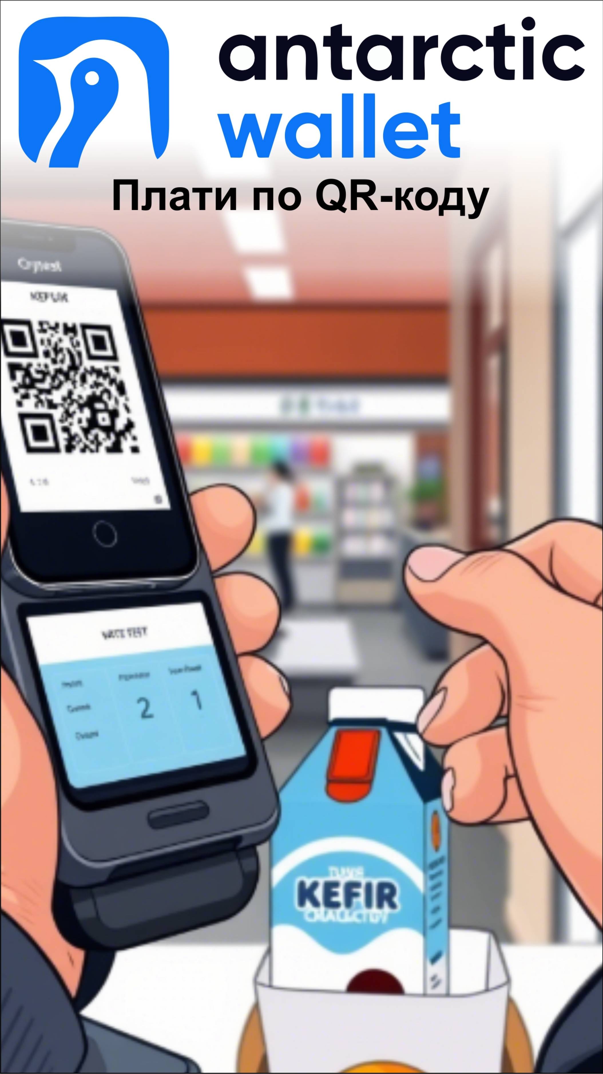 Кефирчик тоже можно оплтатить по QR-коду а не картой, из кошелька ANTARCTIC WALLET.