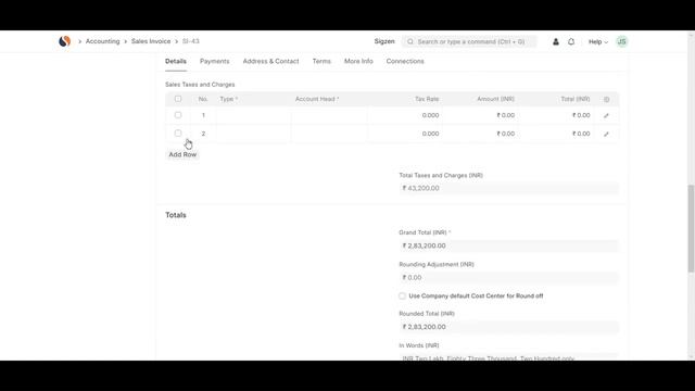SigzenERP - Sales Taxes and Charges Account Setup