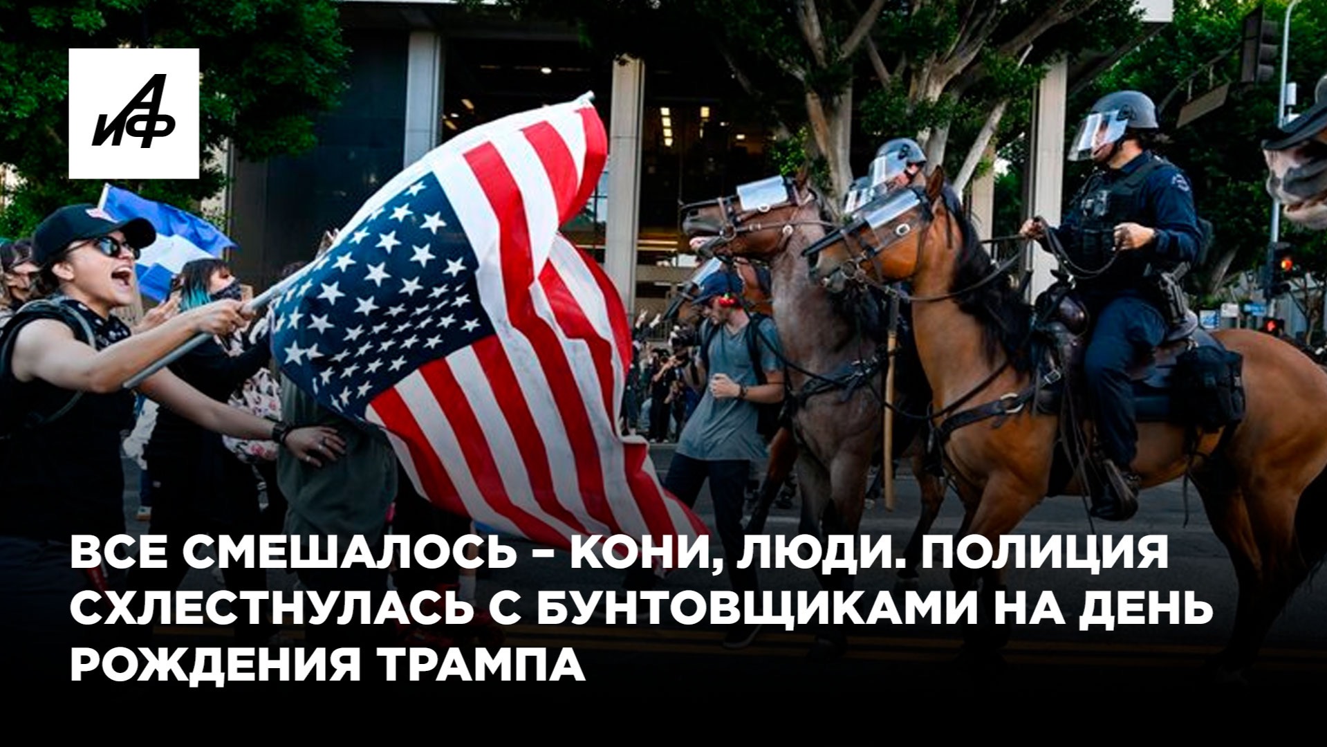 Все смешалось – кони, люди. Полиция схлестнулась с бунтовщиками на день рождения Трампа