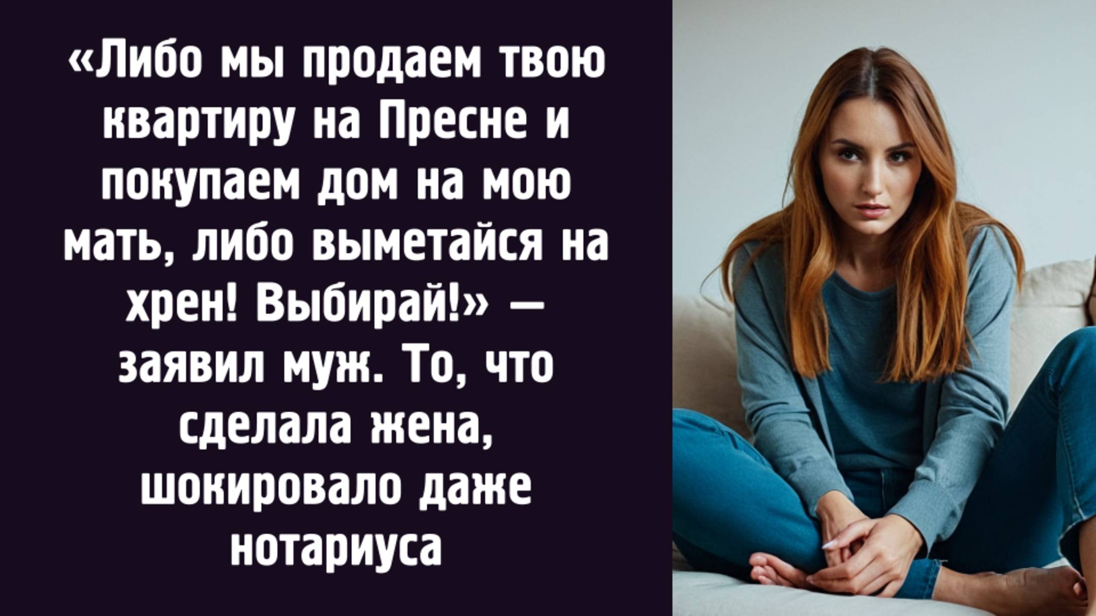 "Либо мы продаем твою квартиру на Пресне и покупаем дом на мою мать, либо выметайся!" — заявил муж