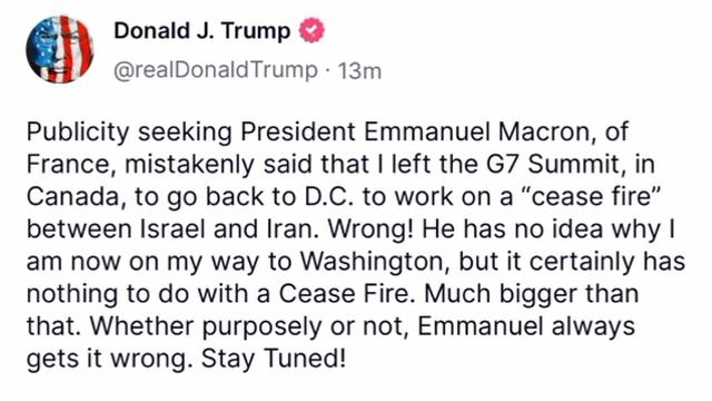 ‼️🇺🇸🇫🇷Трамп досрочно покинул саммит G7 не для того, чтобы заниматься прекращением огня в Иране