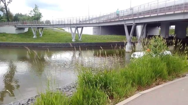 Белая машина катамаран плывет по водоему