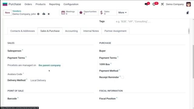 Создание поставщика в приложении Odoo 17 для покупок
