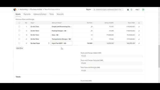 SigzenERP - How to Apply Purchase Taxes and Charges in ERPNext