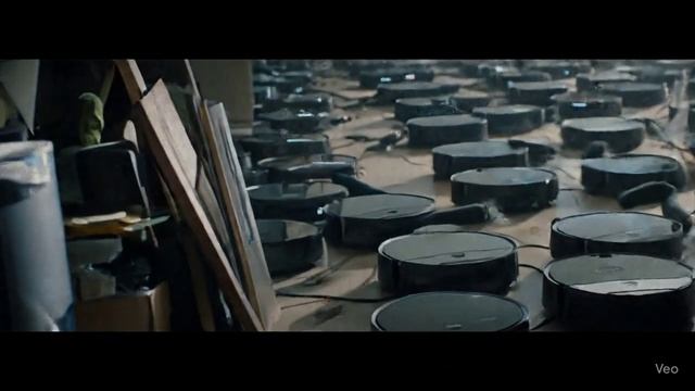 Вика воюет с роботом пылесосом.