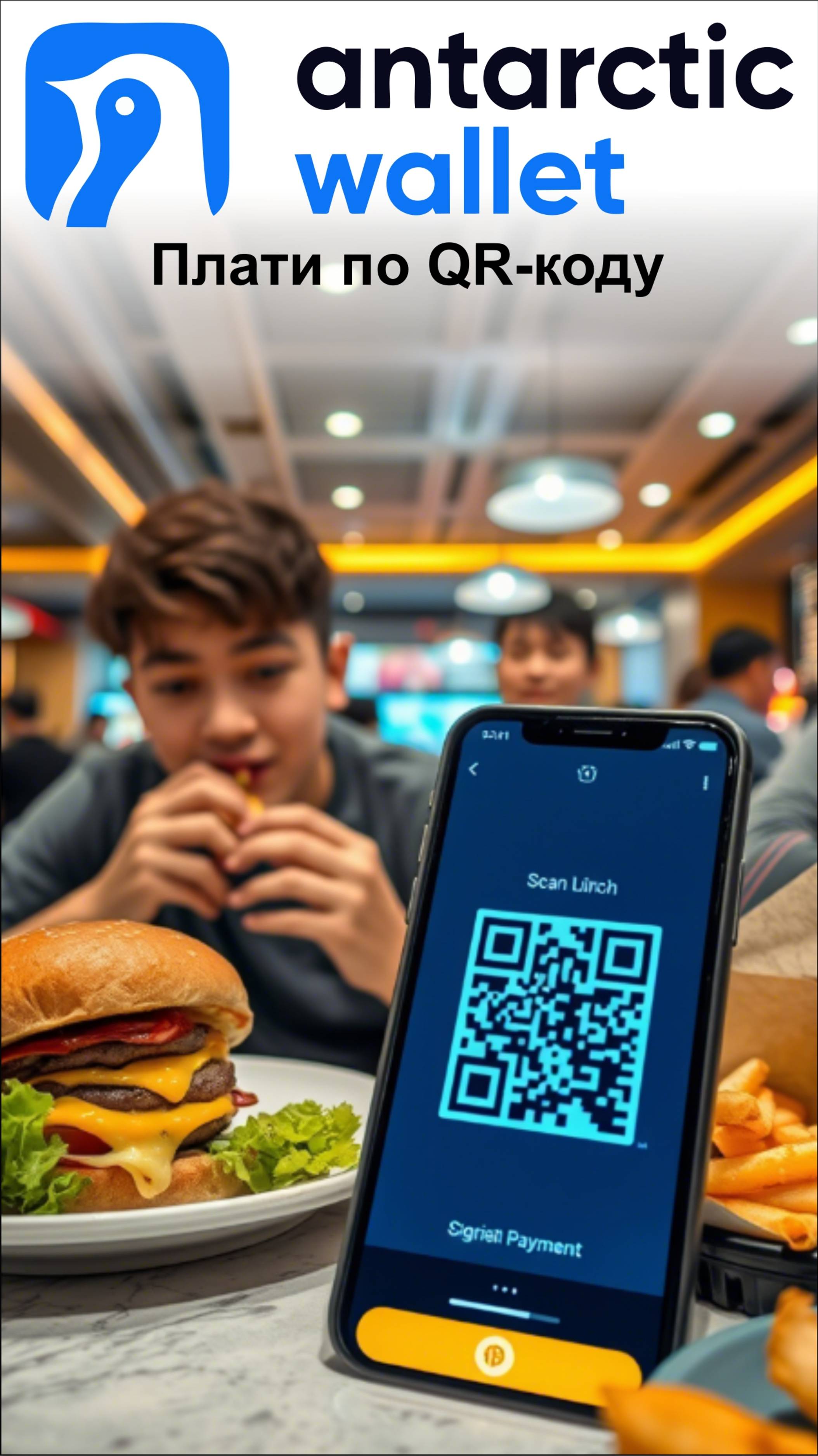 Ужин во "Вкусно и Точка" тоже можно оплтатить по QR-коду а не картой, из кошелька ANTARCTIC WALLET.