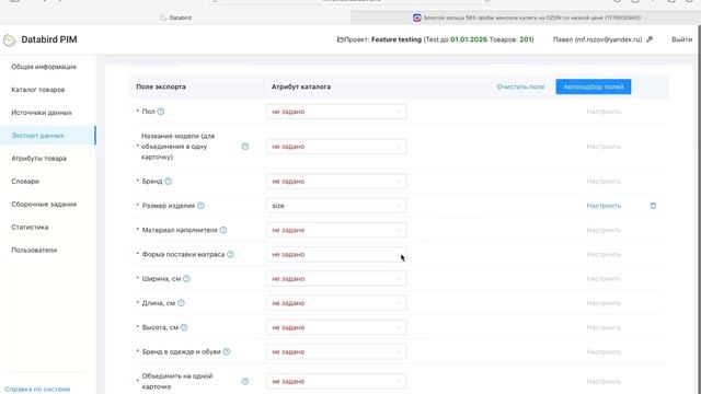 Загрузка товаров разных размеров и объединение в одну карточку через DataBird