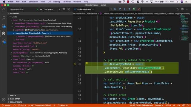 222 Using the debugger to view the order creation