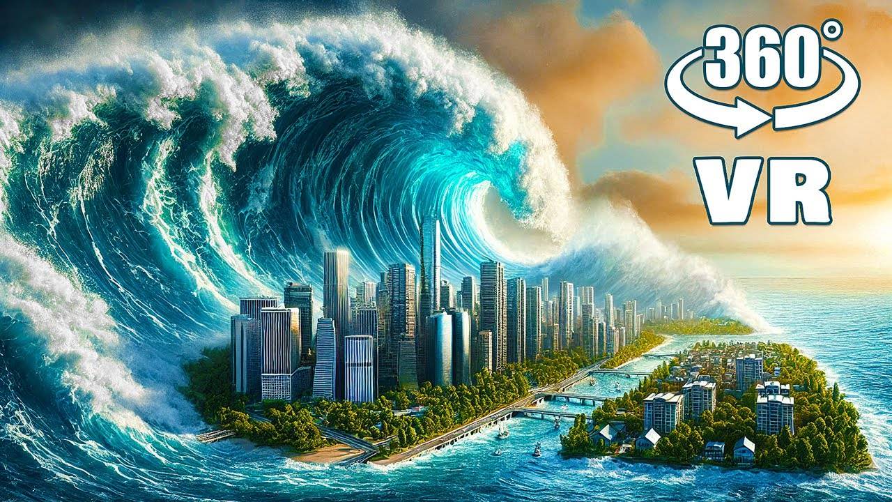 VR 360 ° Самая большая волна цунами попадает в город
