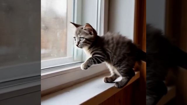 Серый котик у окна