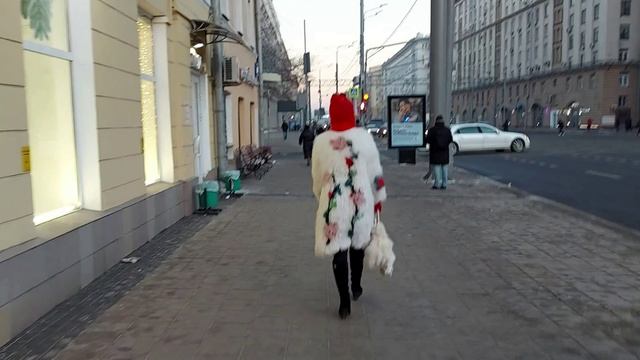 Белая шубка на прогулке по Москве.