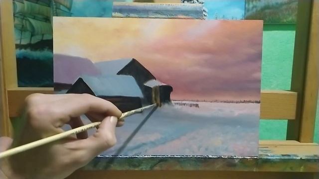 Зимний закат маслом|как рисовать зимний пейзаж art